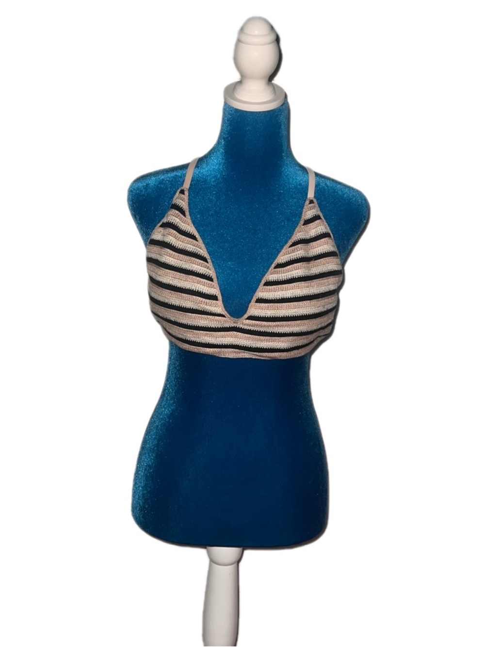 wild fable Strappy Swim Top in Cream, Black, White & Beige Crocheted Stripe (L)